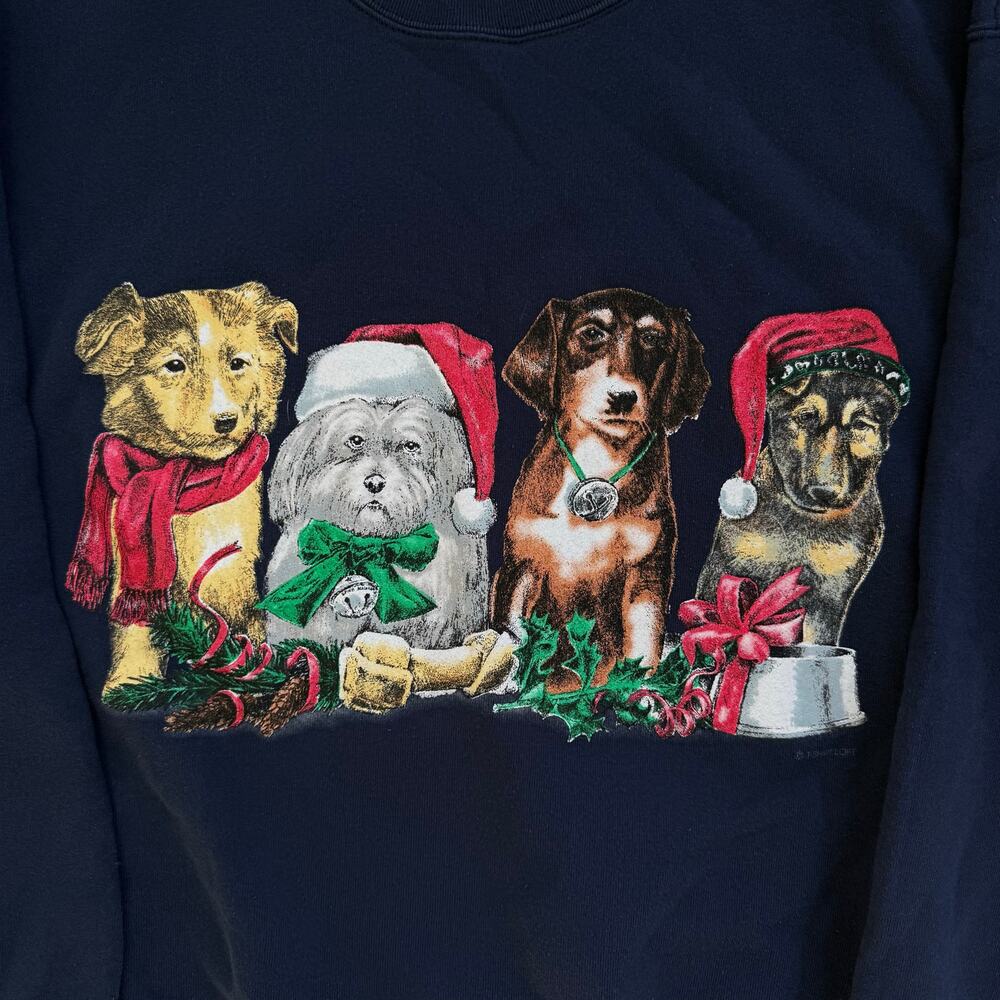 Vintage 90s Fruit of the Loom Christmas Puppies Graphic Sweatshirt - Picture 4 of 5